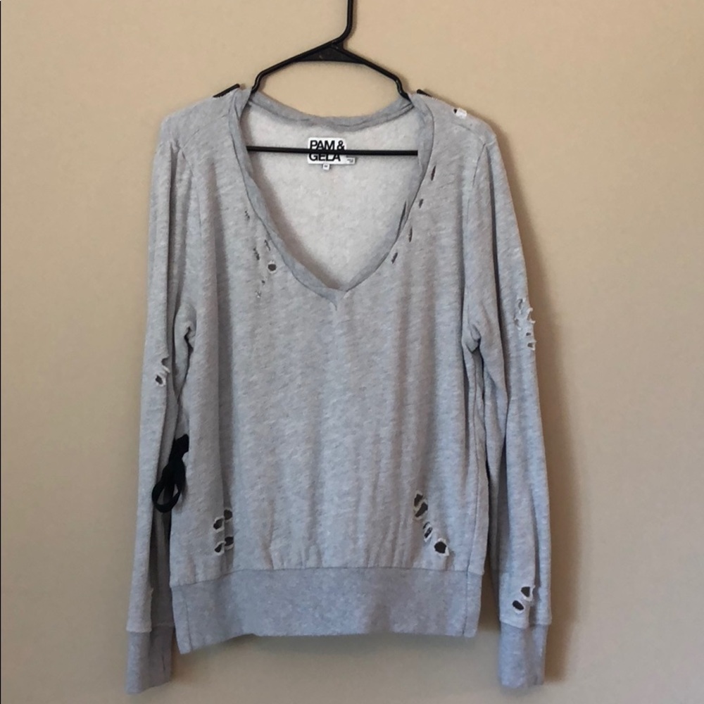 Pam & Gela Light Heather Gray Distressed V-Neck Pullover